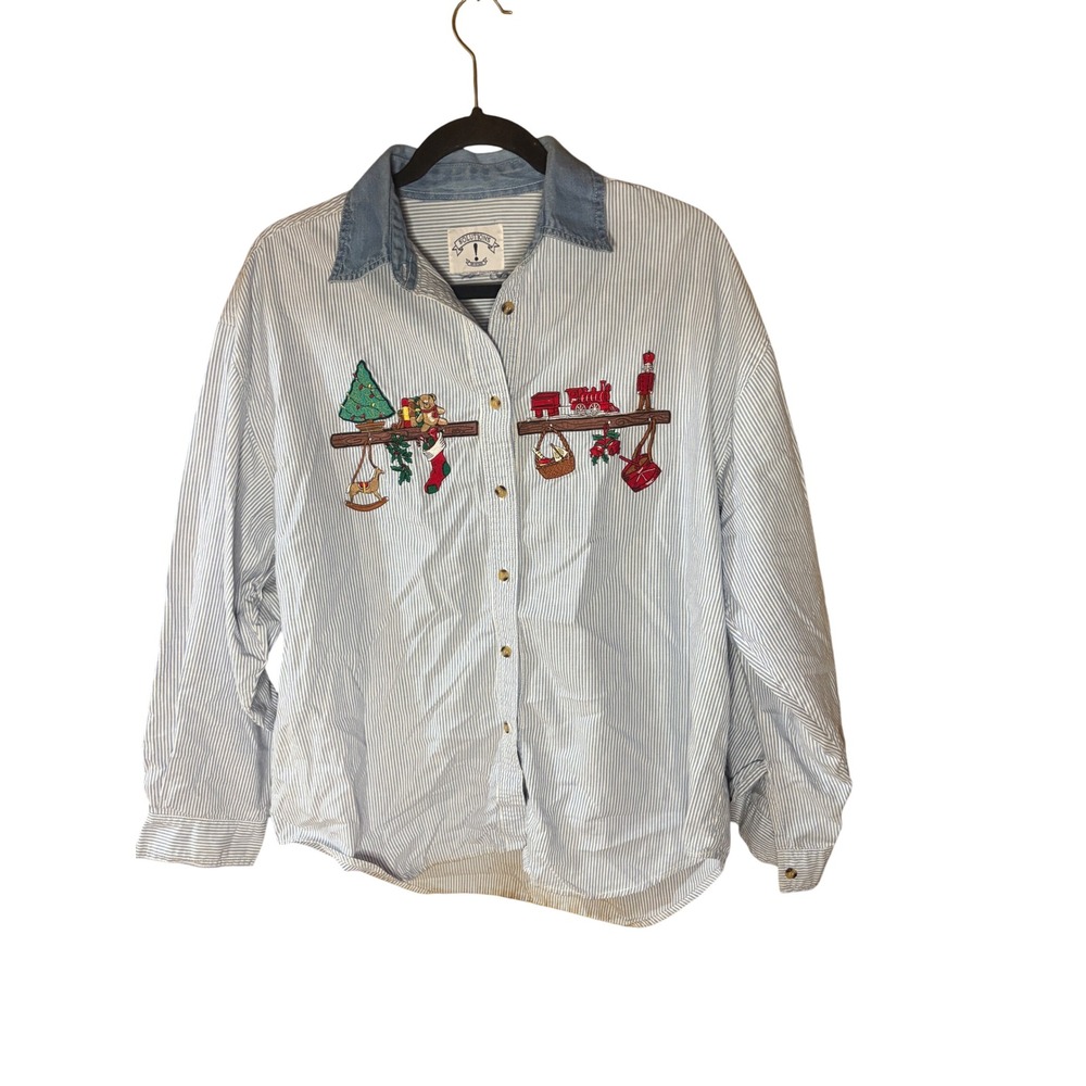 Solutions L/XL Original Christmas Embroidered Pinstripe Denim Collar shirt
